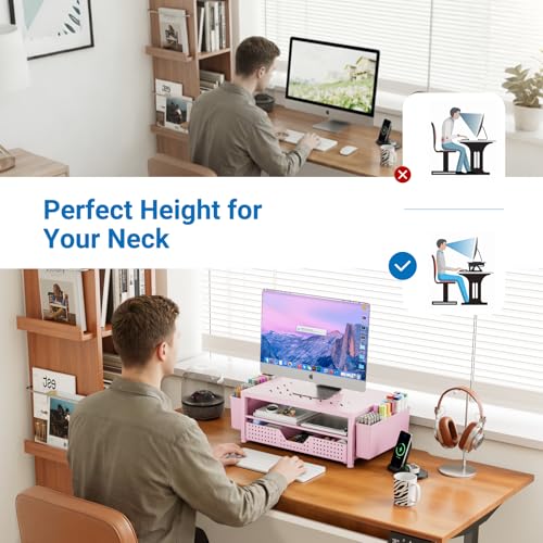 Image of OPNICE Laptop Stand for Desk Organizer and Accessories, 2-Tier Computer Monitor Stand Riser with Drawer and 2 Pen Holders, Ventilated Perforated Steel Top, Office Desk Accessories for Home Office Supplies, Pink
