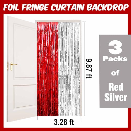 Image of 3 Pack Red Silver Foil Fringe Curtains Backdrop, 3.28 x 9.8 Ft Metallic Streamers Tinsel Curtains Background for Photo Booth, Carnivals, Birthdays, Weddings, New Year Party Decorations