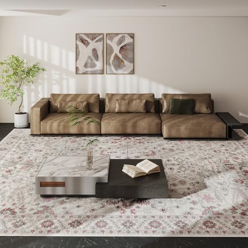Vintage 9x12 Washable Area Rug, Low-Profile Large Area Rug with Non-Slip Backing & Durable Edge Binding, Pet-Friendly Carpet, Large Rug for Living Room, Bedroom & Dinning Room