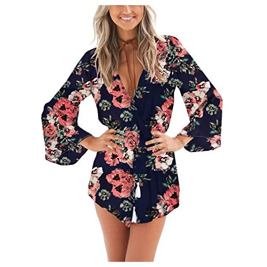 Relipop Women's Fashion Floral Print Long Sleeves Short Romper Playsuit Jumpsuit (X-Large, T1)