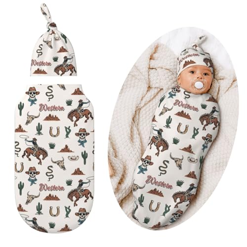 Image of Valvphora Western Swaddle Blankets Newborn Receiving Blanket Horse Baby Swaddle with Hat, Cowboy Sleeping Clothes for Baby Girls Boys