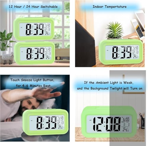Image of Upgraded Digital Alarm Clock, 4.3 inch LED Display with Temperature Larger Lound Light Control Portable Snooze Calendar Brightness with Battery Powered Alarm Clocks Bedside for Everyone (Green)