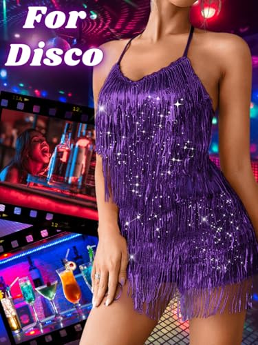 Image of Kaei&Shi Sequin Fringe Romper,Sparkly Glitter Metallic Jumpsuits For Women,Backless Shorts Dress Disco Birthday Dance Outfit