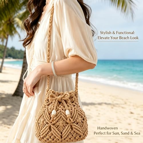 Image of Beach Bags for Women Stylish Khaki Straw Woven Crossbody Crochet Bag for Summer Seaside Vacation