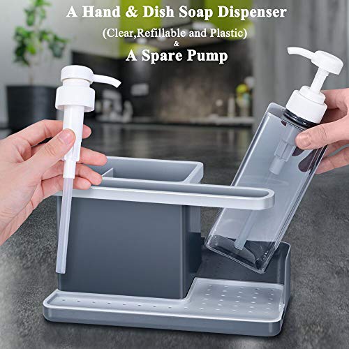 Nieifi Kitchen Sink Caddy Organizer with an Elegant Hand and Dish Soap Dispenser(A Premium Spare Pump Included), Sponger Brush Holder Plastic Gray - Thumbnail 2