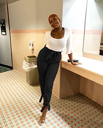 GOBLES Women Solid Casual Work Trousers High Waist Ruffle Bow Tie Pants3