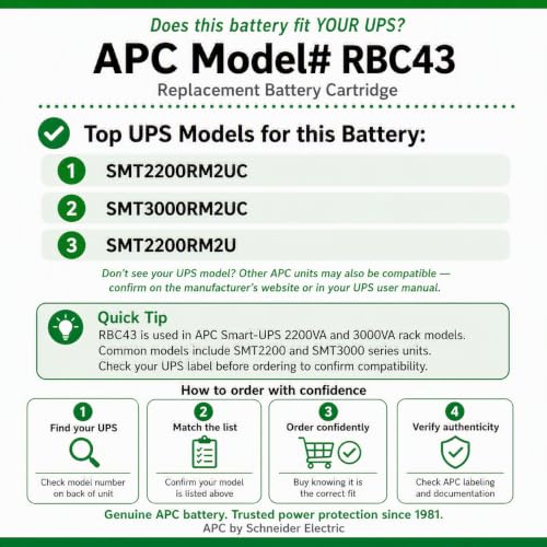 APC Genuine UPS Replacement Battery RBC43 for SMT2200RM2UC, SMT3000RM2UC | Genuine APC replacement battery for rackmount Smart-UPS models SMT2200RM2UC, SMT3000RM2UC. Restores runtime. 2-year warranty. - image 3