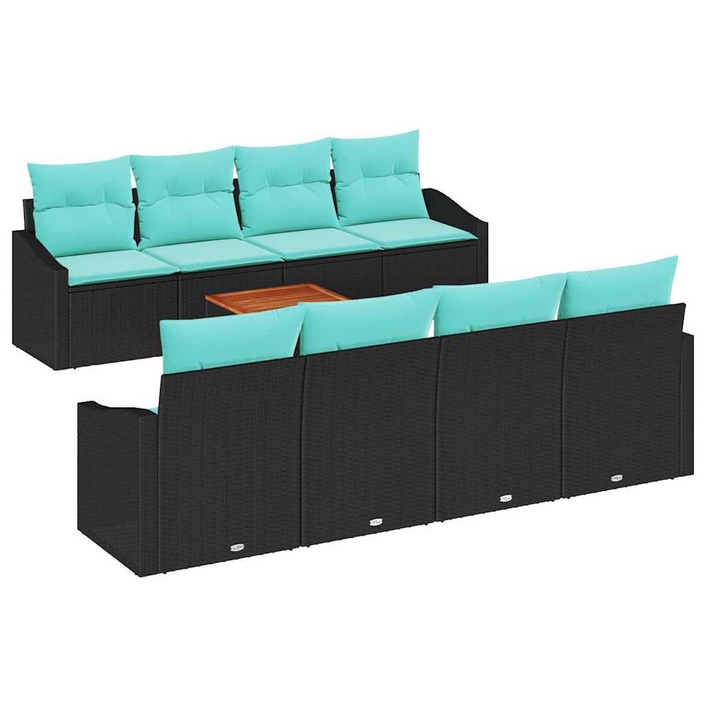 Juego de muebles de jardín de 9 piezas con cojines negros, polirratán modular para 8 personas, incluye mesa de jardín y cojines para terraza, balcón y jardín