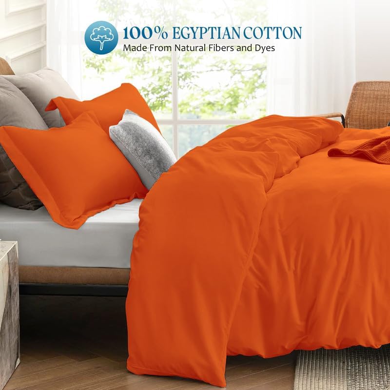 1-Piece Olympic Queen Size Duvet Cover Only, 88" x 90", 100% Egyptian Cotton, 600 Thread Count, Orange Solid, Zipper Closure, Lightweight Cooling Duvet Cover, Soft Breathable Bedding
