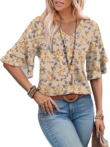 Image of OFEEFAN Spring Tops for Women Boho Shirts Fashion Clothing Cute 3 /4 Length Sleeve Blouses Dressy Casual Summer Outfits