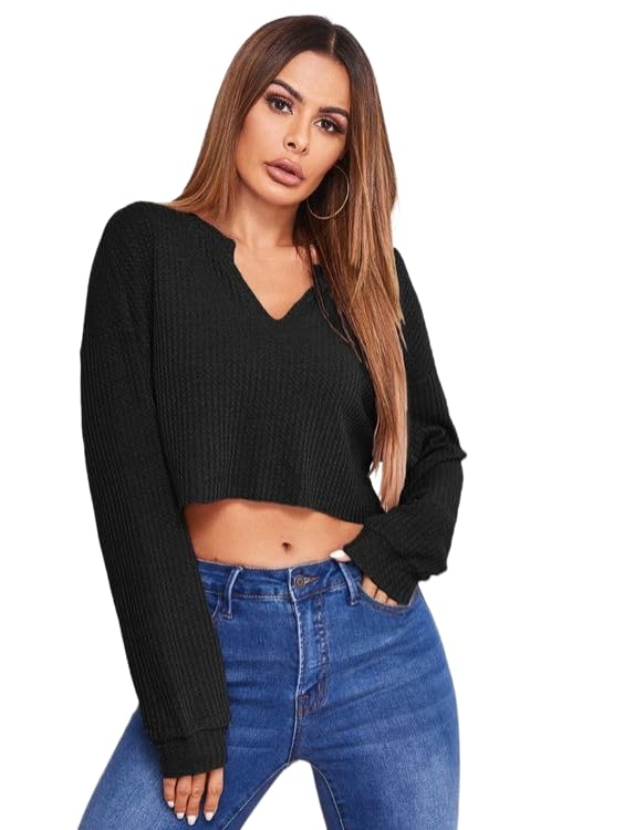 Image of Zilcon Women's Waffle Summer Tops Dressy Casual V Neck Long Sleeve Loose Crop Tunic Tops
