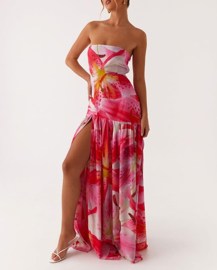 Image of Women Floral Strapless Maxi Dress Y2K Bodycon Tube Long Dresses Sexy Party Formal Cocktail Beach Slit Dress