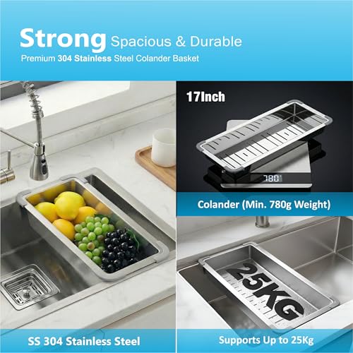 Image of Fossa Aqua 22 inchx18 inchx09 inch Inch Single Bowl Handmade Kitchen Sink 25-Year Warranty AISI 304 Stainless Steel, 2.2mm Thickness, Includes Colander, Coupling & Waste Pipe Set Silver (Matte finish)