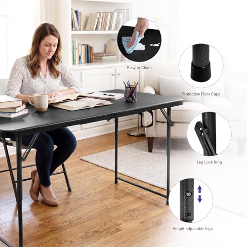 Image of Byliable Folding Table 4 Foot, Heavy Duty Portable Plastic Fold-in-Half Utility 4ft Folding Table with Carrying Handle for Indoor Outdoor, Camping Picnic Party, Black