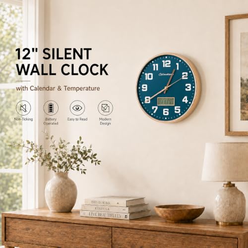 Image of Cloud Space 12 inch Silent Wall Clock Battery Operated, Non Ticking Modern Wall Clock with LCD Calendar & Fahrenheit Temperature Display, Easy-to-Read Kitchen Bedroom Office Living Room Wall Clock