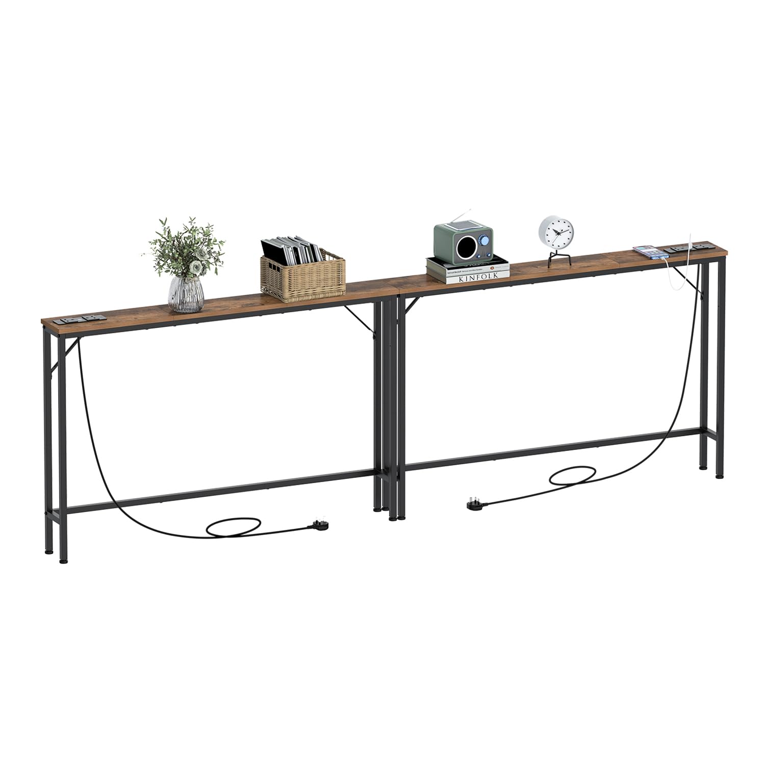 VEDECASA 5.9" Skinny Console Table with Charging Station Narrow Long Sofa Table with Power Outlets and USB Ports Slim Behind Couch Tables for Entryway Living Room 15Dx120Wx80Hcm, 2 Separate Sets
