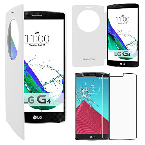 ebestStar - Funda Compatible con LG G4 H815, G4 Dual-LTE Carcasa Billetera Ventana Vista View, Cuero PU Anti choques Case Cover, Blanco +Cristal Templado Pantalla [Aparato: 149 x 76.2 x 9.8mm, 5.5'']