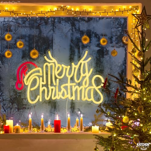 Image of KatchOn, Large Merry Christmas Neon Signs - 16x10 Inch | Window Christmas Decorations Indoor | Xmas Party Decorations, Holiday Decor | Santa Hat Sign USB Powered LED Lights