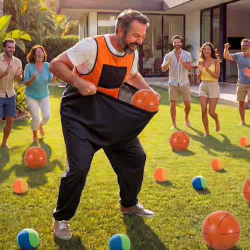 2-in-1 Granny Pants Yard Game Set, Oversized Pants & Sticky Vests Combo with 20 Balls & Pump, Outdoor Tossing Game for Adults Family Party Backyard Lawn Fun(M,Basketball,Orange and Black) - image 7
