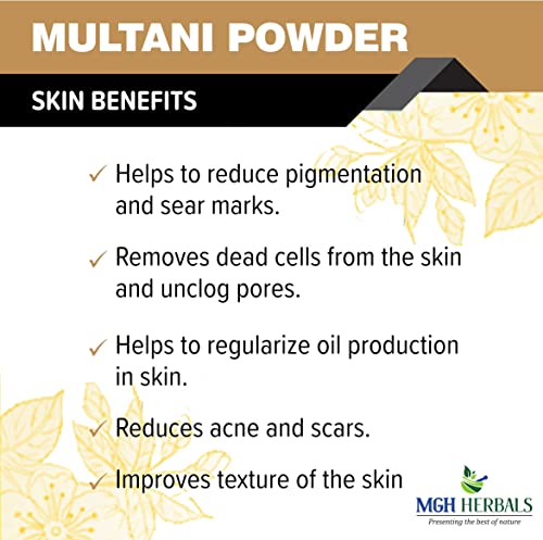 Image of MGH Herbals Multani Mitti Powder (200g) For Black Head Removal, Oil Control, Naturally Glowing Skin, Acne, Pimples, Tan Removal, Dandruff | Fuller's Earth Face Pack | Bentonite Clay Mask, 200gm
