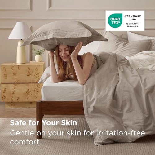 Image of Bedsure 100% Washed Cotton Duvet Cover Full Size - Tannish Linen Grey Minimalist Bedding Set 3-Piece - PureWoven Plain Simple & Soft Comforter Cover for All Seasons (Tannish Linen Grey, Full, 80 inchx90 inch)