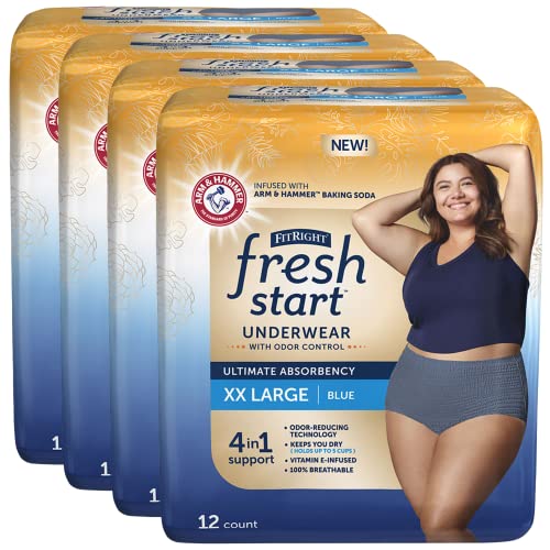 Image of FitRight Fresh Start Incontinence and Postpartum Underwear for Women, XXL, Blue (48 Count) Ultimate Absorbency, Disposable Underwear with The Odor-Control Power of ARM & HAMMER
