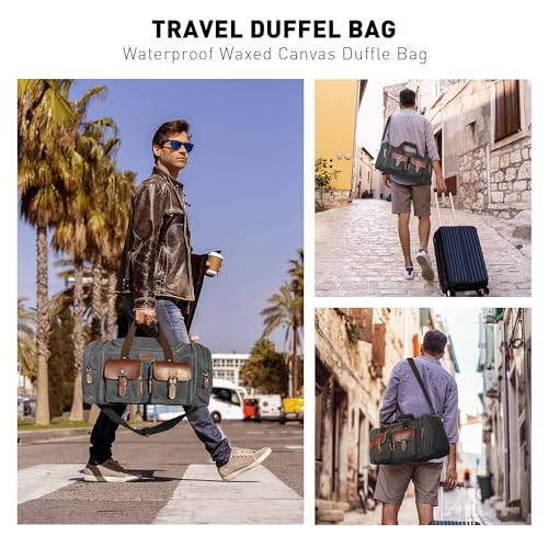Image of Wildroad 60L Travel Duffel Bag, Expandable Waxed Canvas Genuine Leather Duffle Bag Upgraded Overnight Weekender Bag Carry on Bag (Vintage Black, X Large-60L)