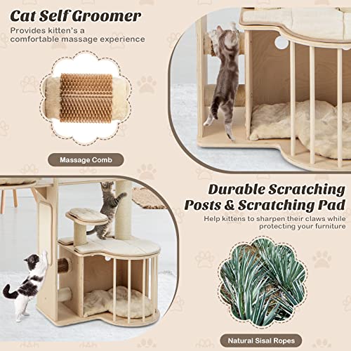 Petsite 55" Tall Cat Tree, Multi-Layer Wooden Cat Tower With Hammock, Cat Condo, Plush Perch, Cat Self Groomer, Scratching Posts, Cat Climbing Stand Activity Center Furniture For Kitten & Adult Cats #TOP5