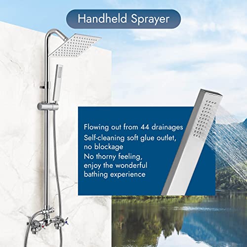 Cinwiny Wall Mount Outdoor Shower Kit Polish Chrome 6" Square Rainfall Shower Head With Hand Held Spray Double Cross Handles With Adjustable Slide Bar Exposed 2 Function Shower Faucet Fixture #TOP7
