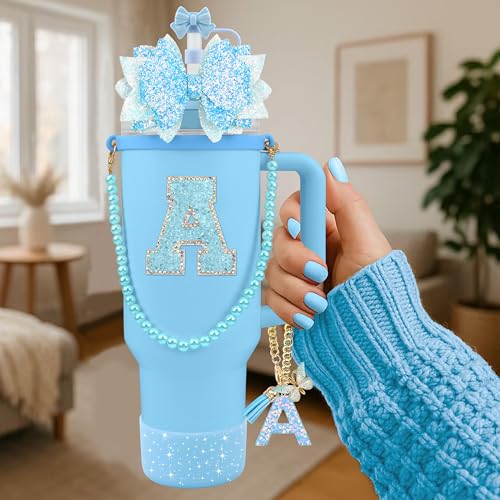 Hpebl 9PCS Blue for Stanley Cup Accessories Set Bling Initials Bow Charms for Stanley Decorations 30/40 Oz Tumbler Accessories Including Bow Straw Topper, Handle Strap, Spill Stopper（Letter A） - image 2