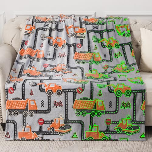 Image of Glow in The Dark Truck Blanket- Kids Boys Construction Excavator Truck Toys for Toddlers Age 1 2 3 4 5 6 7 8 9 10 Years Old Teen Birthday Christmas Valentine's Easter Gifts Car Plush Throw 50 inchx 60 inch