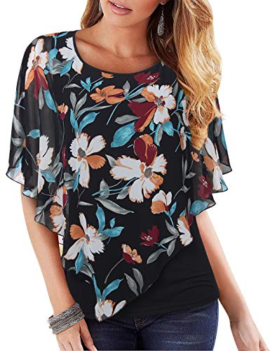 Lotusmile Blouses for Women Casual Summer Lightweight Flowy Vacation Blouse Cover up Shirt Double Layered Chiffon Work Caftan Poncho Tunic Tops Floral Print Office Wear Business Top(Black,XX-Large)