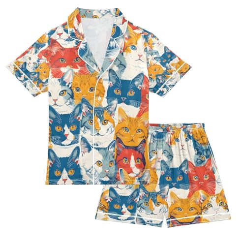 senya Cats in Bold Colors Satin Summer Pajama Sets Silk Short Sleeve Button Down Sleepwear