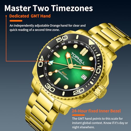 Image of TOPHILL Men Watches Automatic Mechanical Watches - Dive, GMT, Chronograph & Dress Styles | 316L Stainless Steel, Sapphire Crystal, Ceramic Bezel | 5ATM-300M Waterproof with Super Luminous | Classic Business & Sport Casual