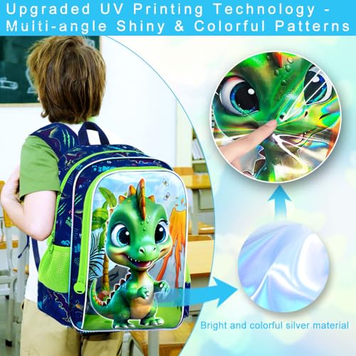 Image of 3Pcs Dinosaur Backpack for Boys, 16 inch Bookbag with Lunch Box, Kids School Backpacks Set for Elementary Preschool Kindergarten (Green)