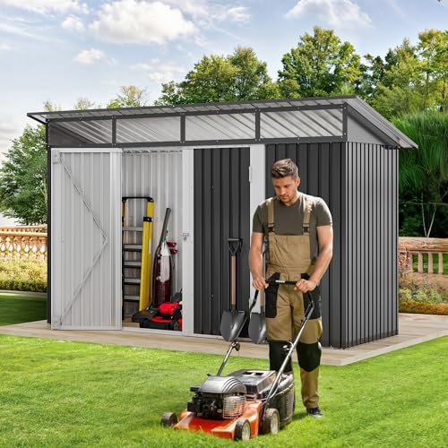 Image of DWVO 9x4 FT Storage Shed for Bicycle, Functional Metal Tool Shelter Garden Storage Unit with Acrylic Windows, Secure Entry Lock, Water-Resistant Waste Enclosure for Outdoor Patio Garden(Dark Gray)