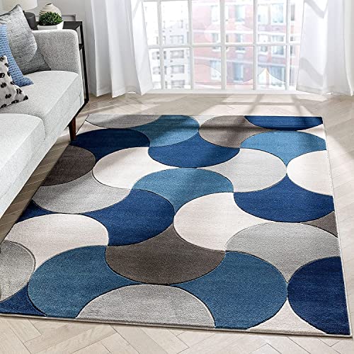 ALPHA CARPETS Modern Collection Multi Color Ivory Blue Handmade Woolen Carpet 5 x 7 Ft (150 x 210 cm) Multi Colour
