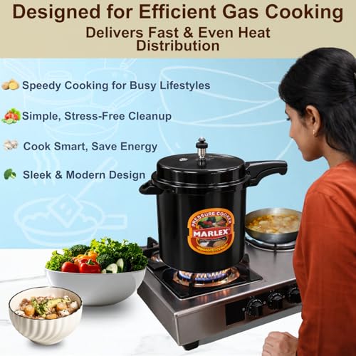 Image of Marlex Maestro 12 Litres Hard Anodised Pressure Cooker - 5 Year Warranty ISI Certified - Gas Stovetop Compatible - Ideal for Large Family, Commercial Use, Durable Black Cooker with Safety Valve