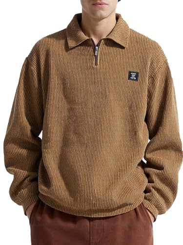 ZAFUL Men’s Quarter Zip Polar Fleece Sweatshirt – Vintage Embroidered Graphic Pullover, Black Coffee Green Casual Top