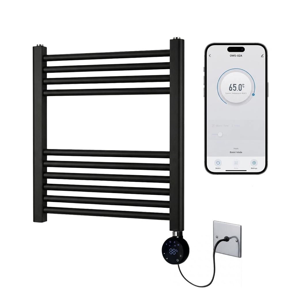 Greened House Black Electric WiFi Heated Towel Rail 500mm W x 600mm H