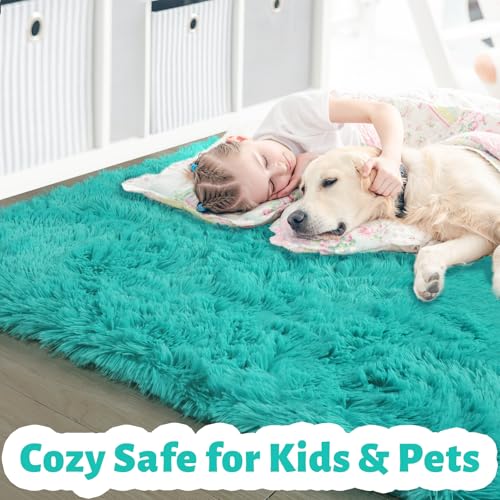 Amdrebio Blue Area Rugs for Bedroom, Fuzzy Fluffy Furry Rug 5x8 for Living Room, Cute Plush Shaggy Carpet for Kids Teen Girls Boys, Baby Light Turquoise Teal Rugs for Nursery Playroom Classroom Dorm