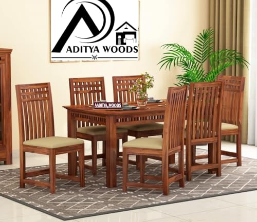 Image of AADITYA WOODS Solid Sheesham Wood 6 Seater Dining Table Set with Chairs for Living Room Home Wooden Dining Table Set for Office Restaurant Modern Dining Room Set-57x35x30 inch(ad-Honey6s, 6 Seater)