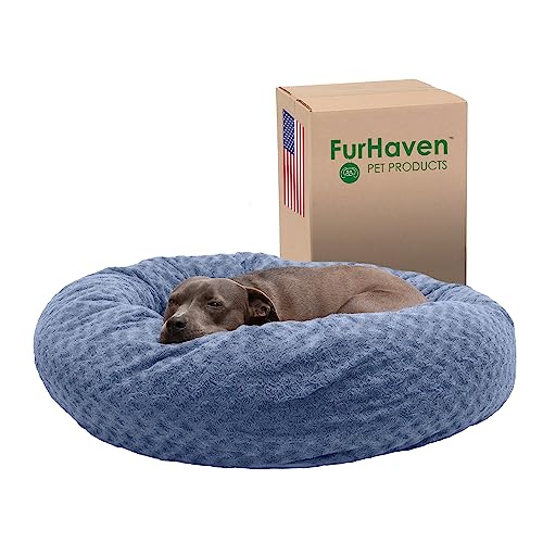 Image of Furhaven 40 inch Round Donut Dog Bed for Large /Medium Dogs, Refillable w / Removable Washable Cover, For Dogs Up to 75 lbs - Curly Faux Fur Donut Bed - Fresh Blueberry, Large