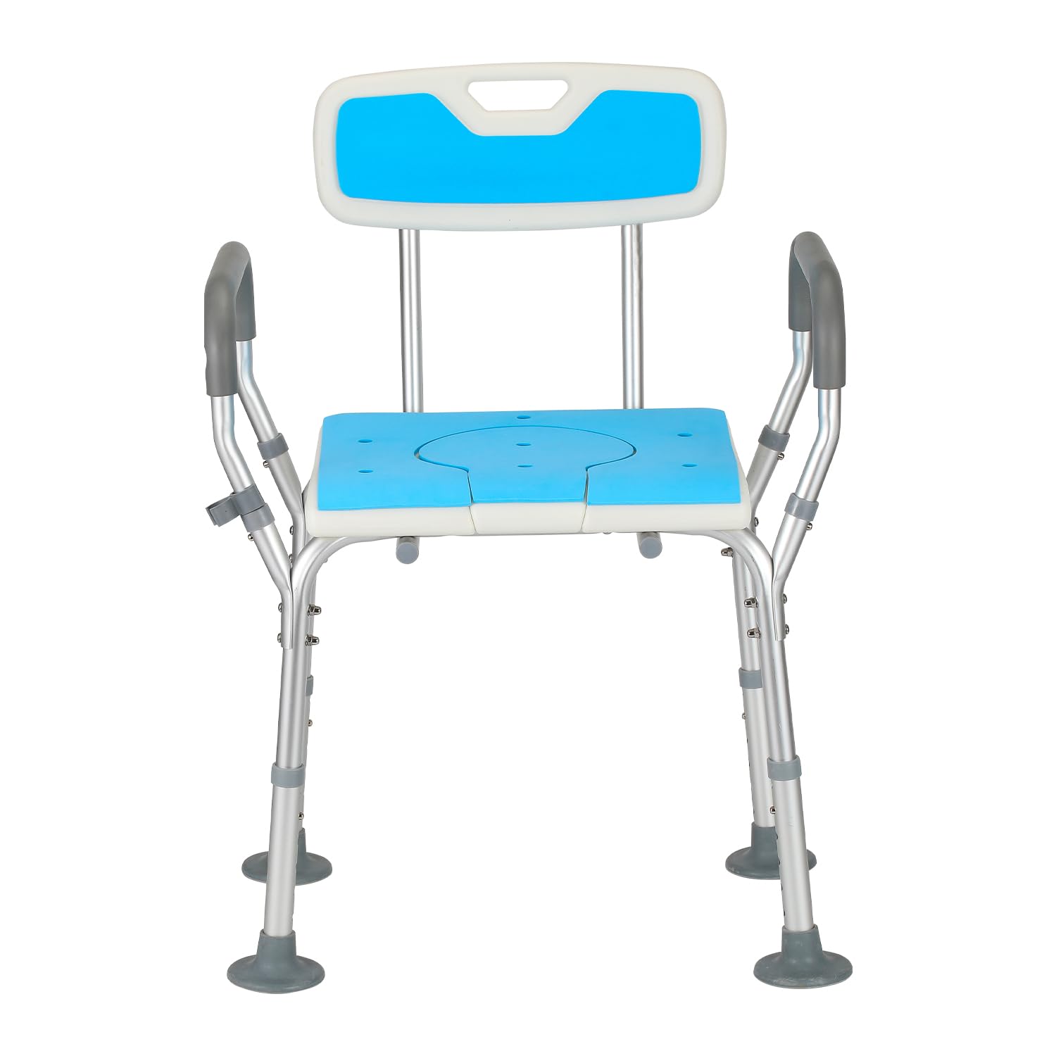 Taboret prysznicowy z regulacją wysokości, wykonany z aluminium i tworzywa sztucznego PE, ze zdejmowanym siedziskiem, z podłokietnikami i oparciem, ergonomiczny, z antypoślizgowymi gumowymi