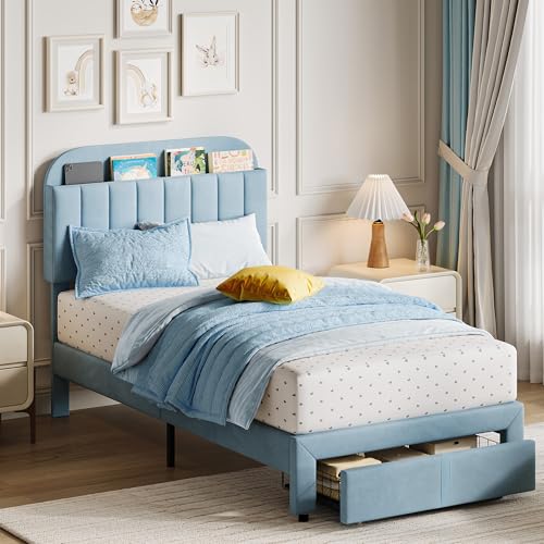 GarveeHome Twin Bed Frame with Drawer, Boys Bed, Velvet Upholstered Platform BedFrame with Storage Headboard for Kids, No Box Spring Needed, Easy Assembly, Noise-Free, Light Blue