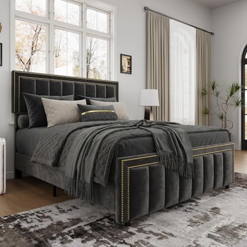 Image of BarnFurin Full Size Bed Frame with 50 inch Extra Tall Headboard, Black Chenille Upholstered Platform Bed, Vertical Channel Tufting & Nailhead Trim, No Box Spring Needed, Squeak-Free