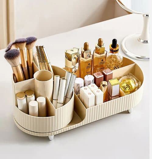 ULTREOS Makeup Organiser with 360° Rotating Makeup Brush Holder Skincare Storage Box Cosmetic Organizer for Lipsticks Brushes Perfume Lotion for Bathroom Dresser Desk (ivory) 2