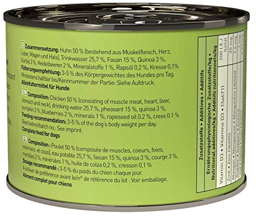 dogz finefood Hundefutter nass - N° 4 Huhn & Fasan - Feinkost Nassfutter für Hunde & Welpen - getreidefrei & zuckerfrei - hoher Fleischanteil, 6 x 200 g Dose
