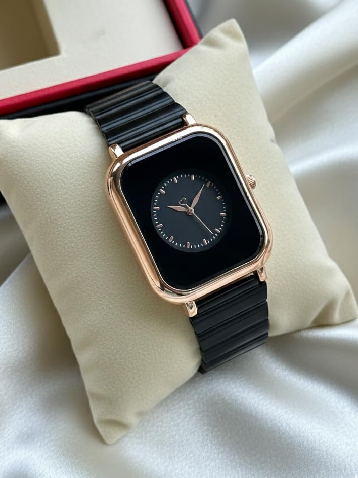 Image of Premium Rose Gold Square Analog Watch for Women & Girls | Stylish Stainless Steel Strap | Elegant Heart Second Hand | Trendy Ladies Wrist Watch under 500 | Square Case Design | Perfect for Casual | Affordable Fashion Watch for Girls
