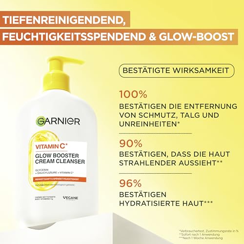 Garnier Gesichtsreinigung für fahle, unebenmäßige Haut, Reinigend und feuchtigkeitsspendend, Mit Vitamin C und Glycerin, Vegane Formel, Glow Booster Cream Cleanser Vitamin C, SkinActive, 250 ml 2